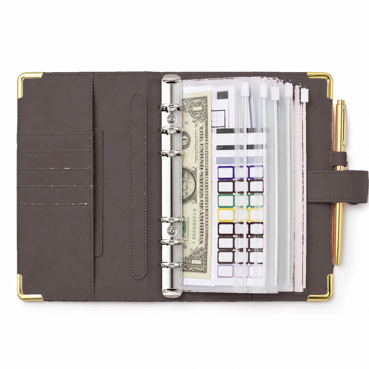 Open black marble A6 cash envelope budget binder with clear zipper envelopes on a white background
