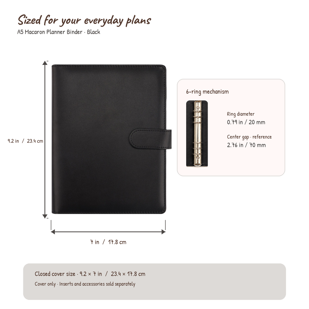 Black A5 Macaron Planner Binder size and six-ring compatibility guide