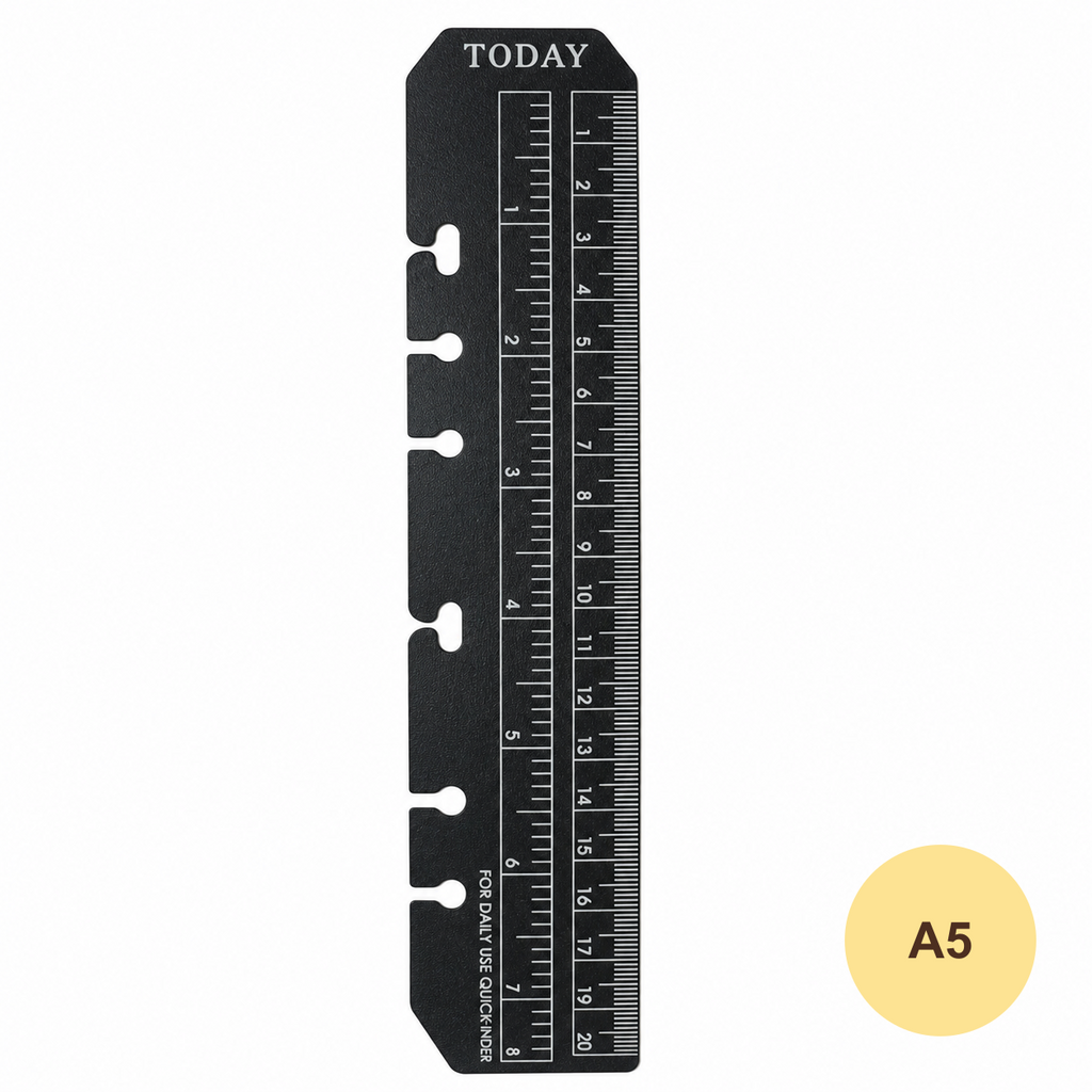 Black A5 snap-in planner ruler bookmark on a white background