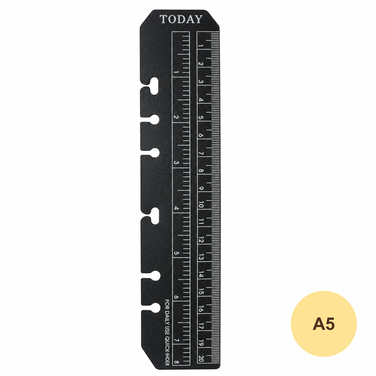 Black A5 snap-in planner ruler bookmark on a white background