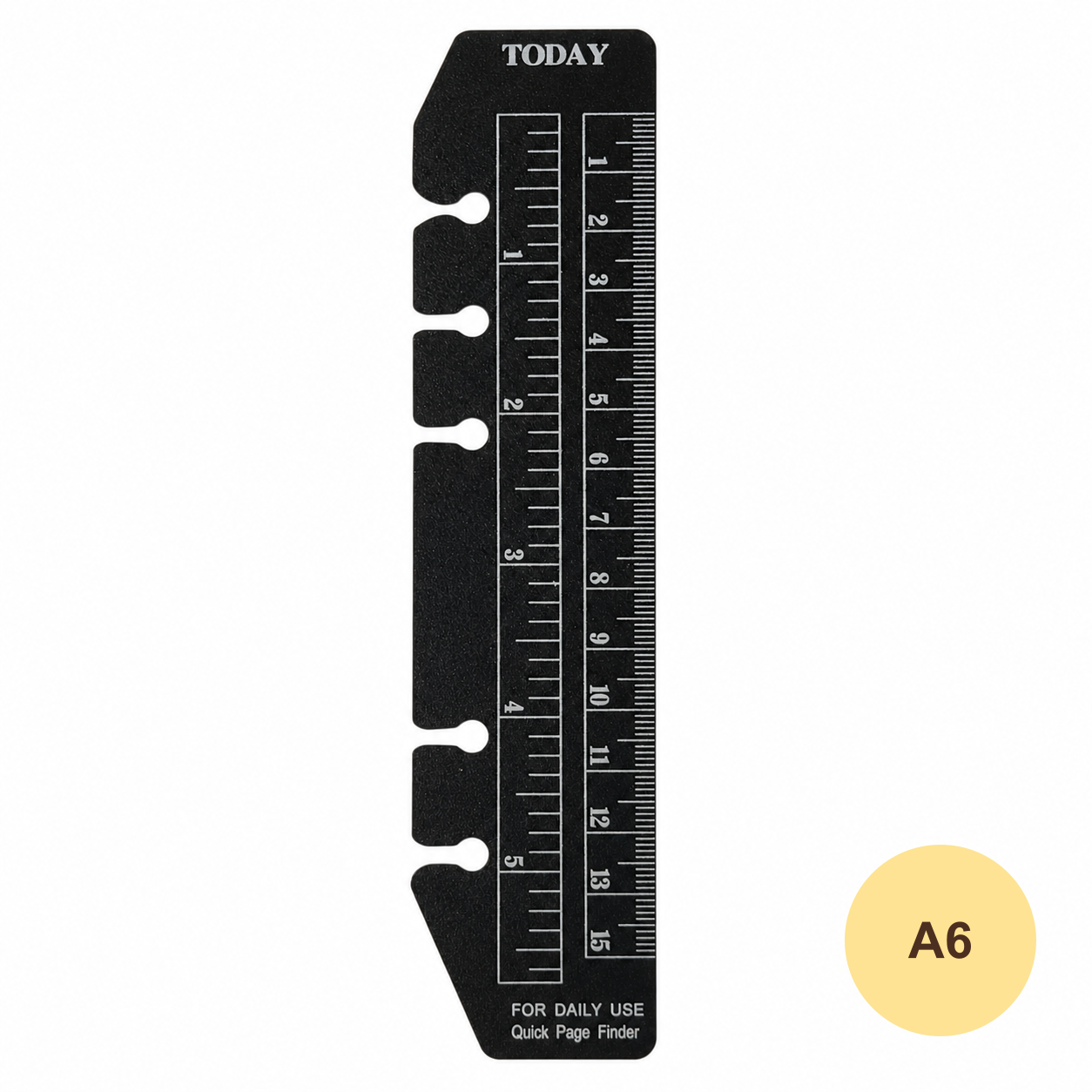 Black A6 snap-in planner ruler bookmark on a white background