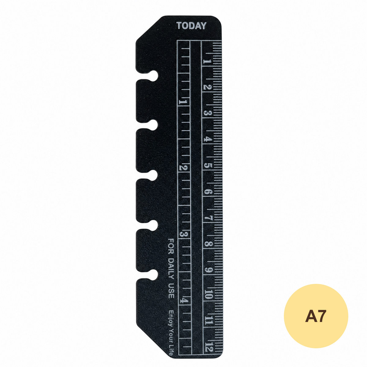 Black A7 snap-in planner ruler bookmark on a white background