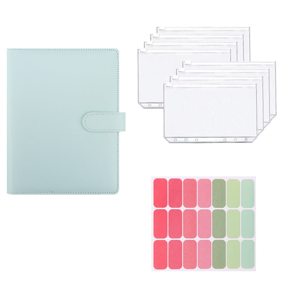 Blue A5 macaron planner binder set with zipper pouches and colorful labels on a white background