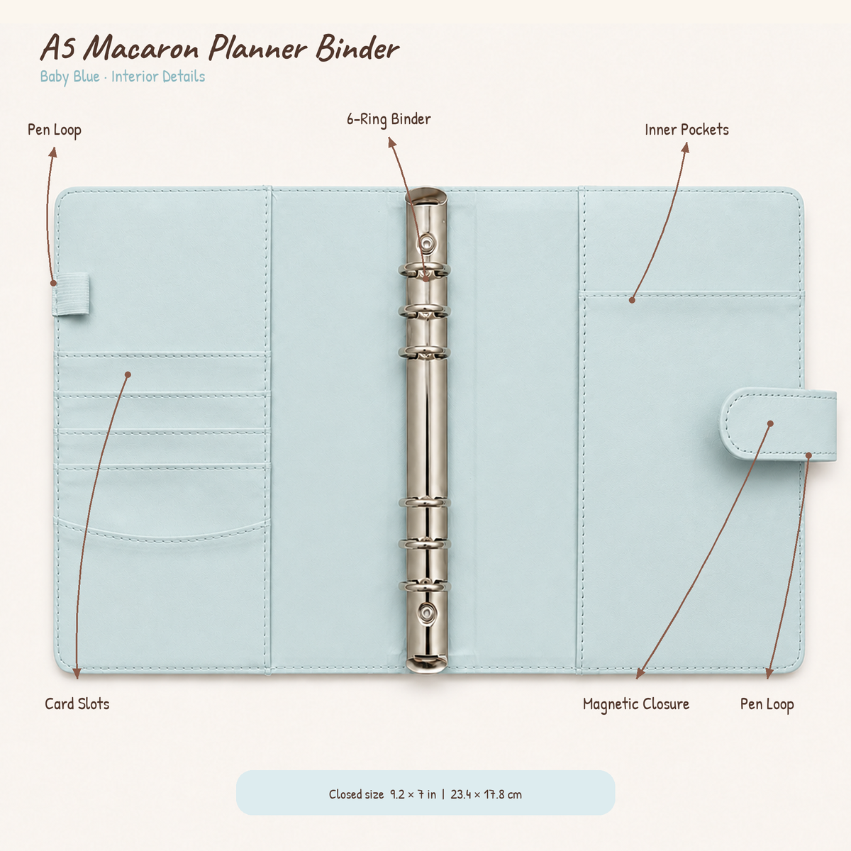 Baby Blue A5 Macaron planner binder interior details with card slots, pockets, pen loops, magnetic closure and six-ring mechanism; cover only