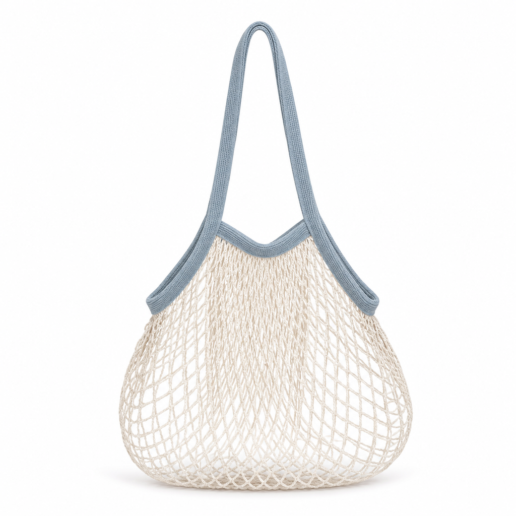 Blue gray and ivory cotton net tote bag on a white background