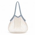 Blue gray and ivory cotton net tote bag on a white background