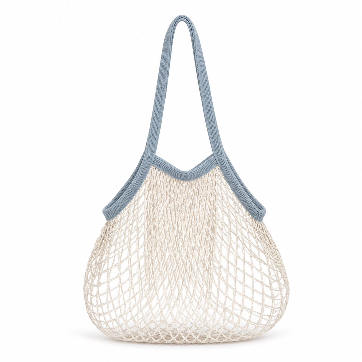 Blue gray and ivory cotton net tote bag on a white background