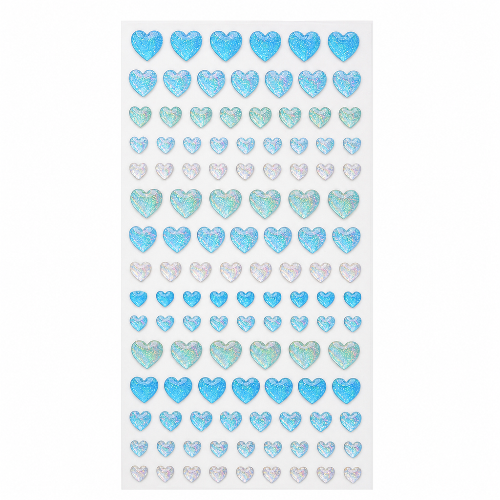 Blue holographic 3D glitter heart gem sticker sheet