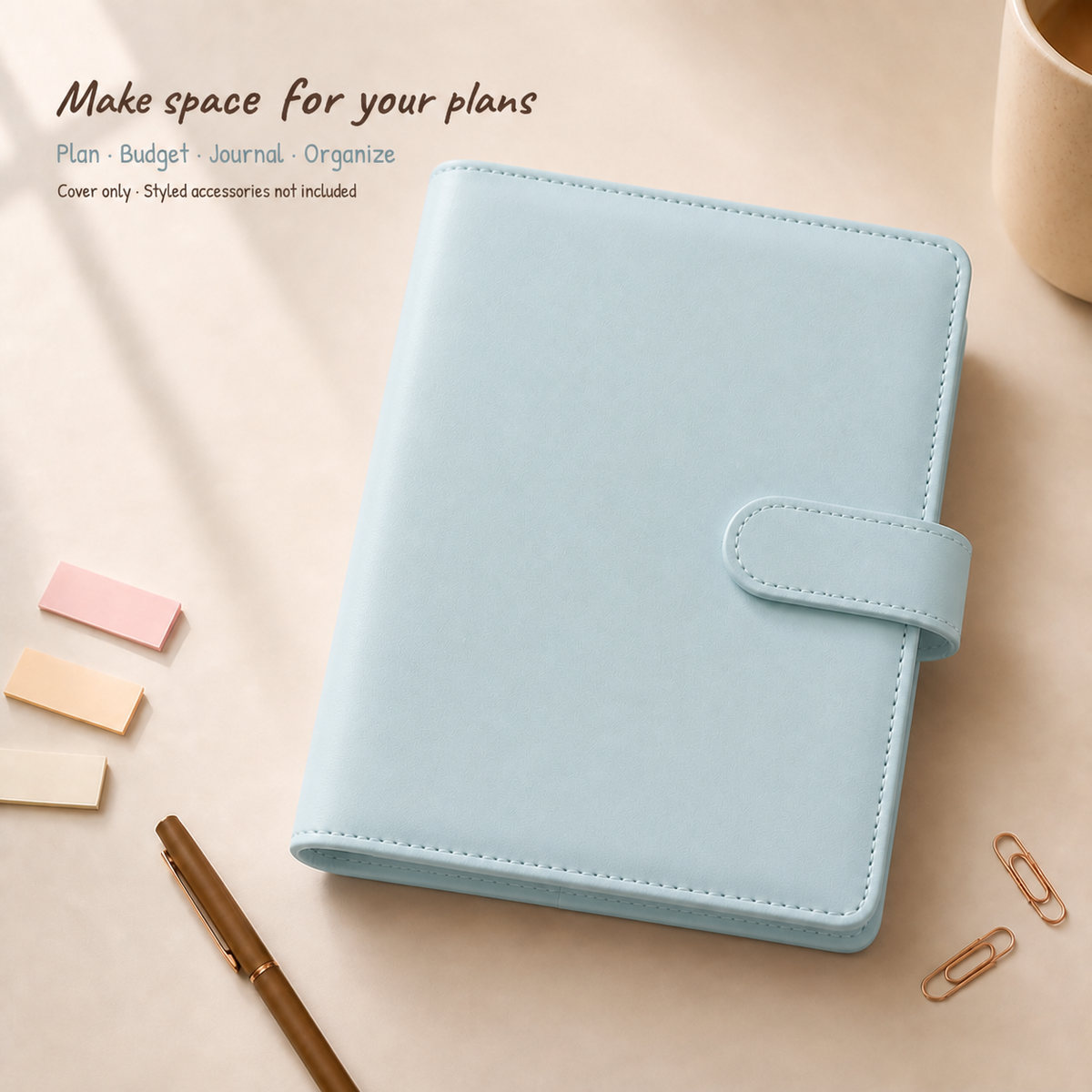 Baby Blue A5 Macaron planner binder on a warm ivory desk; cover only