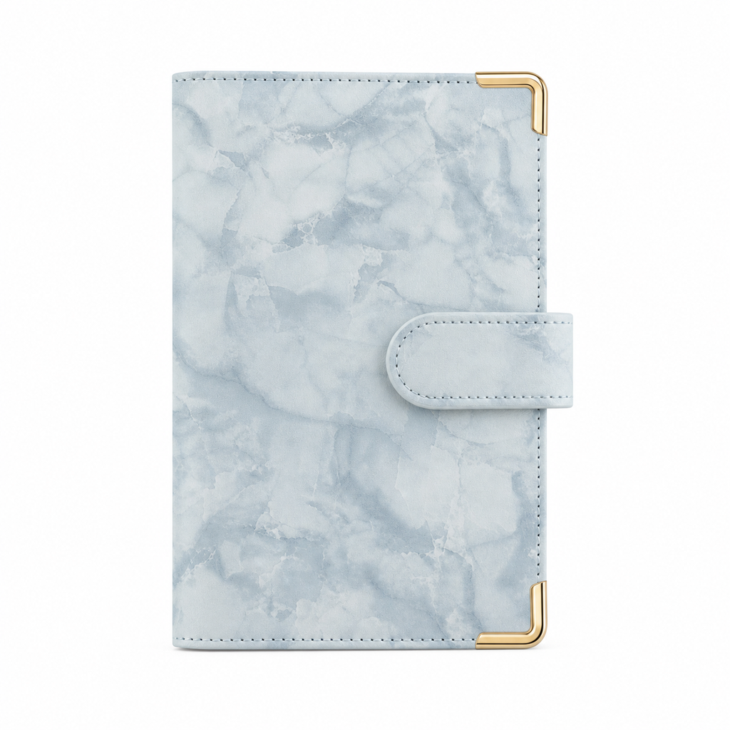 Blue marble A6 budget binder cover with gold corner protectors on a white background