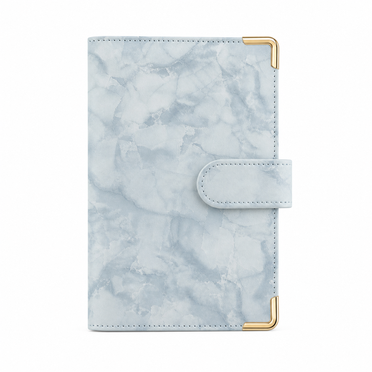 Blue marble A6 budget binder cover with gold corner protectors on a white background