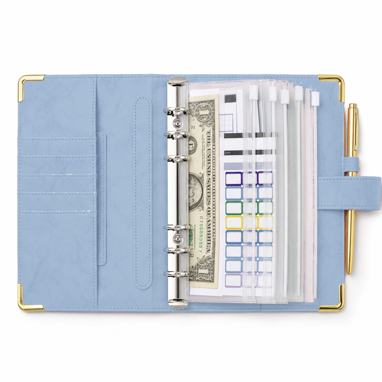 Open blue marble A6 cash envelope budget binder with clear zipper envelopes on a white background