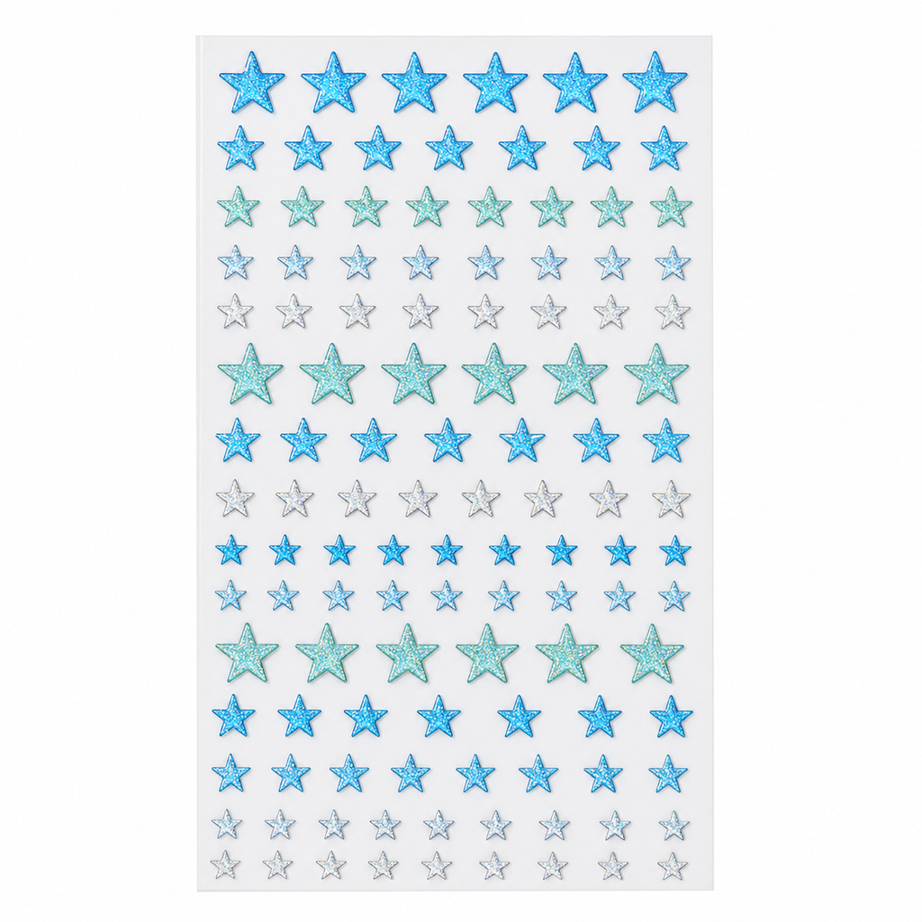 Blue holographic 3D glitter star gem sticker sheet