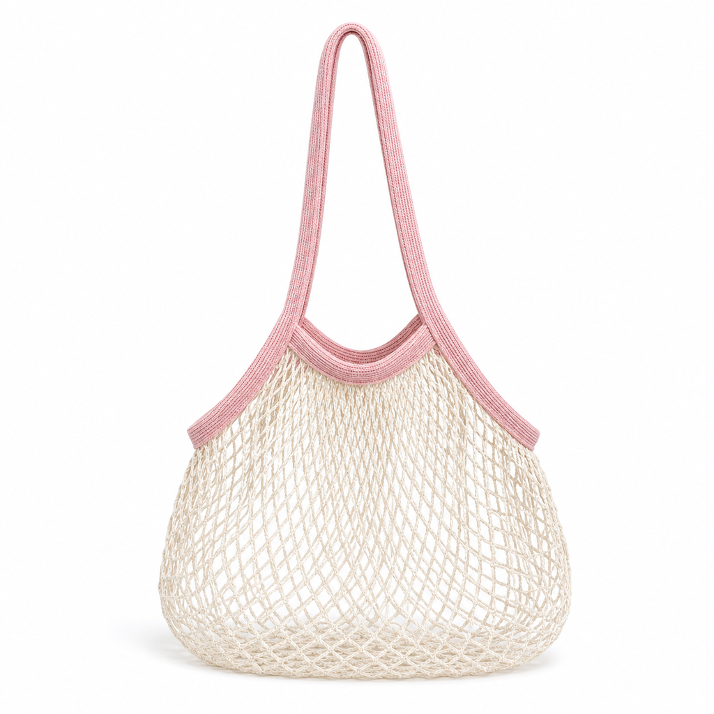 Blush pink and ivory cotton net tote bag on a white background