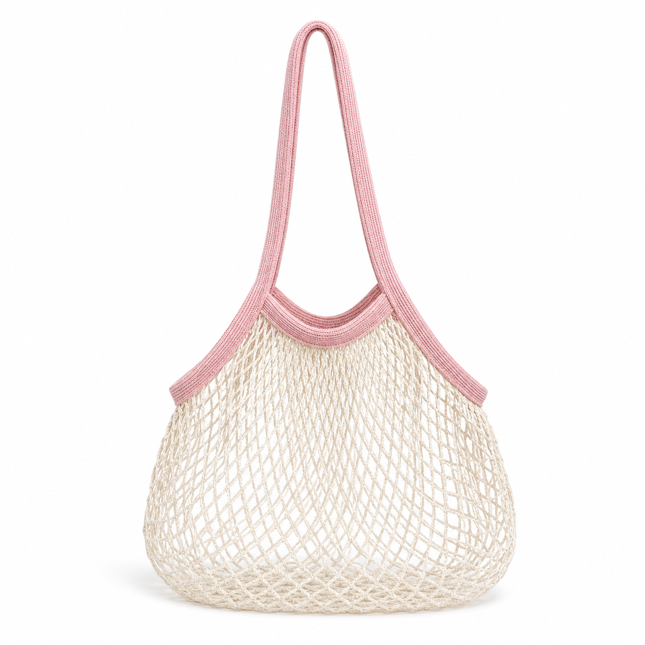 Blush pink and ivory cotton net tote bag on a white background