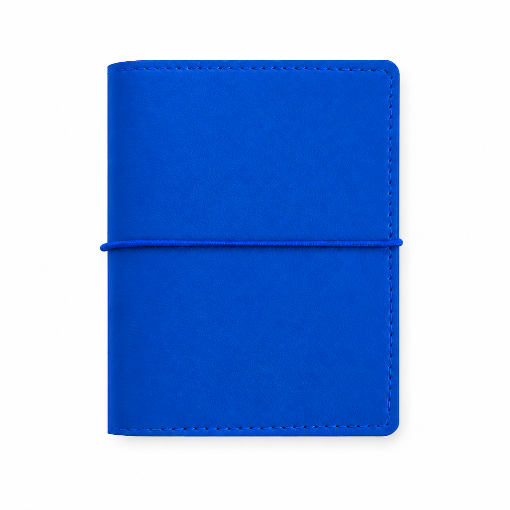 Bright Blue M5 Wide five-ring planner cover with elastic closure on a white background