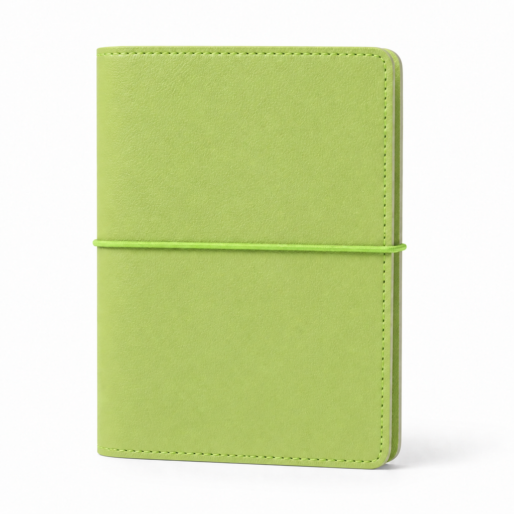 Bright Green A7 Pocket six-ring planner cover with elastic closure on a white background