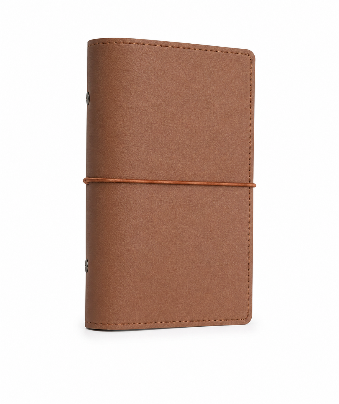 Brown A6 Personal six-ring planner cover with elastic closure on a white background