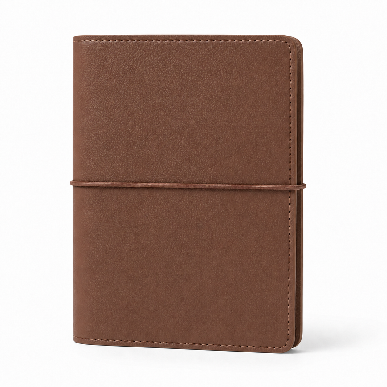 Brown A7 Pocket six-ring planner cover with elastic closure on a white background