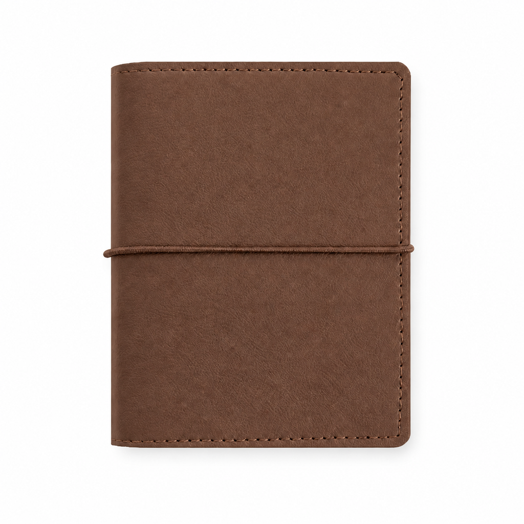 Brown M5 Wide five-ring planner cover with elastic closure on a white background