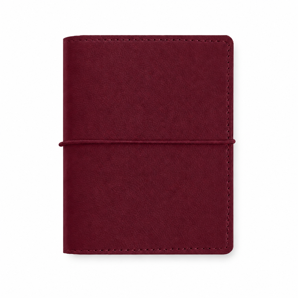 Burgundy M5 Wide five-ring planner cover with elastic closure on a white background