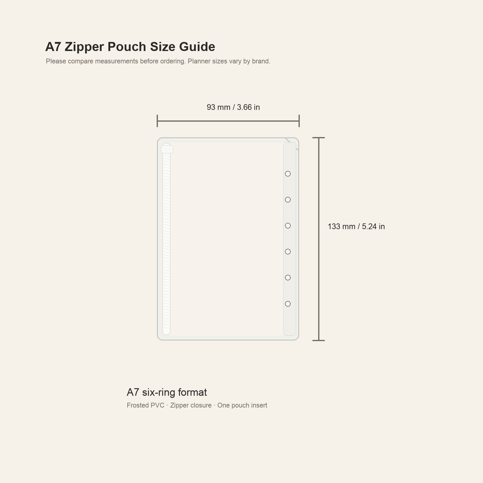A7 clear planner zipper pouch size guide showing 93 x 133 mm