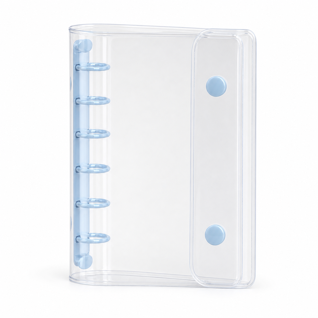 Blue A7 clear PVC planner cover with six-ring spine