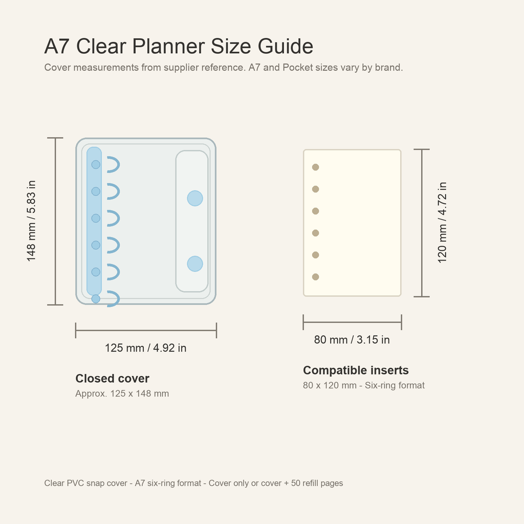 A7 clear planner cover size guide with 125 x 148 mm cover and 80 x 120 mm refill pages