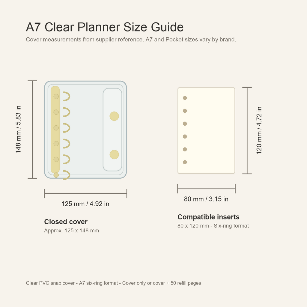 A7 clear planner cover size guide with 125 x 148 mm cover and 80 x 120 mm refill pages
