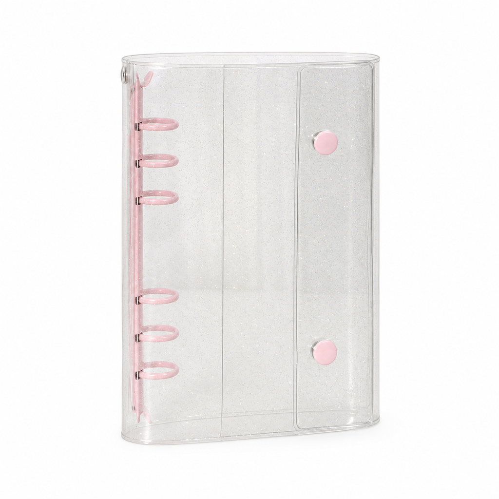 Clear glitter A6 double-snap binder cover with pink rings on a white background