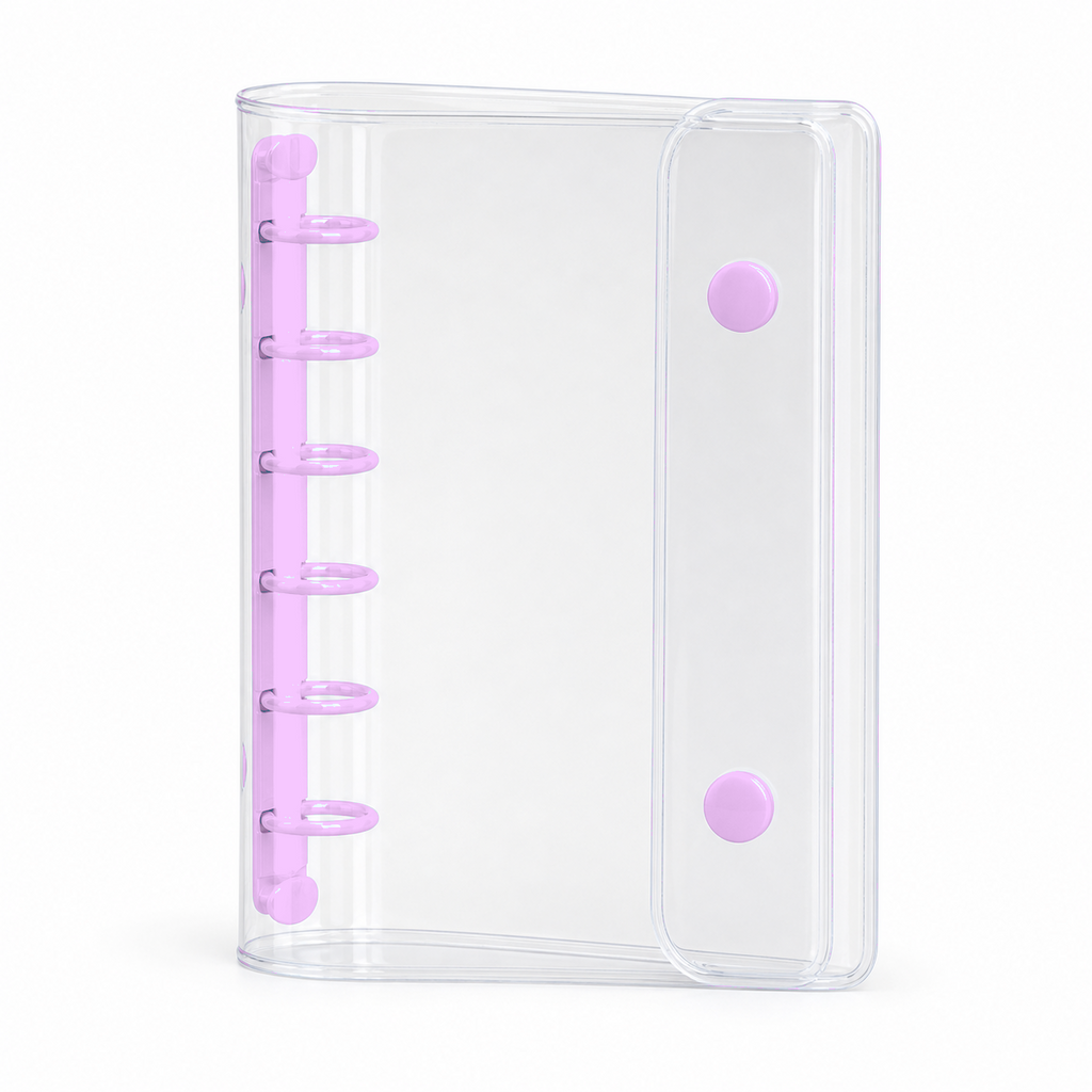 Lavender A7 clear PVC planner cover with six-ring spine