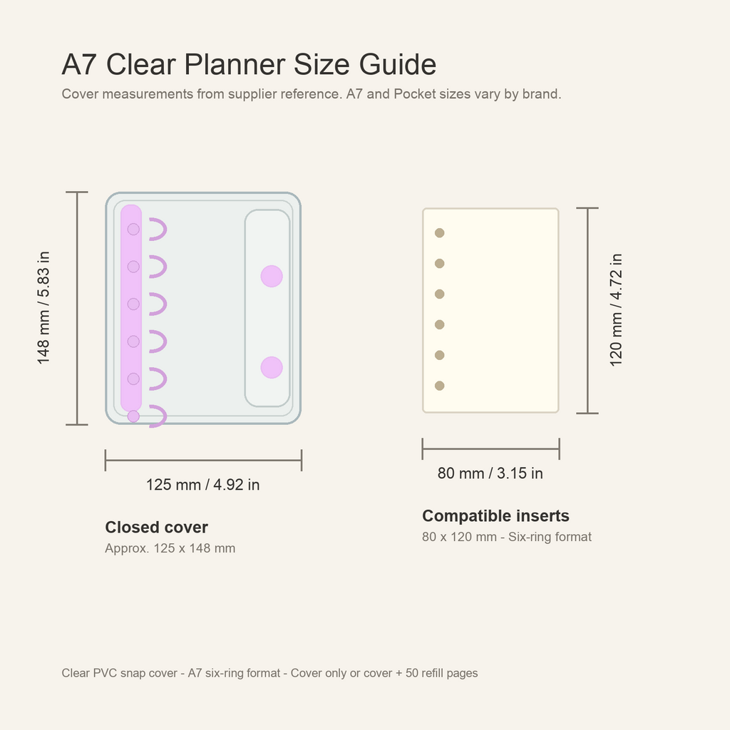 A7 clear planner cover size guide with 125 x 148 mm cover and 80 x 120 mm refill pages