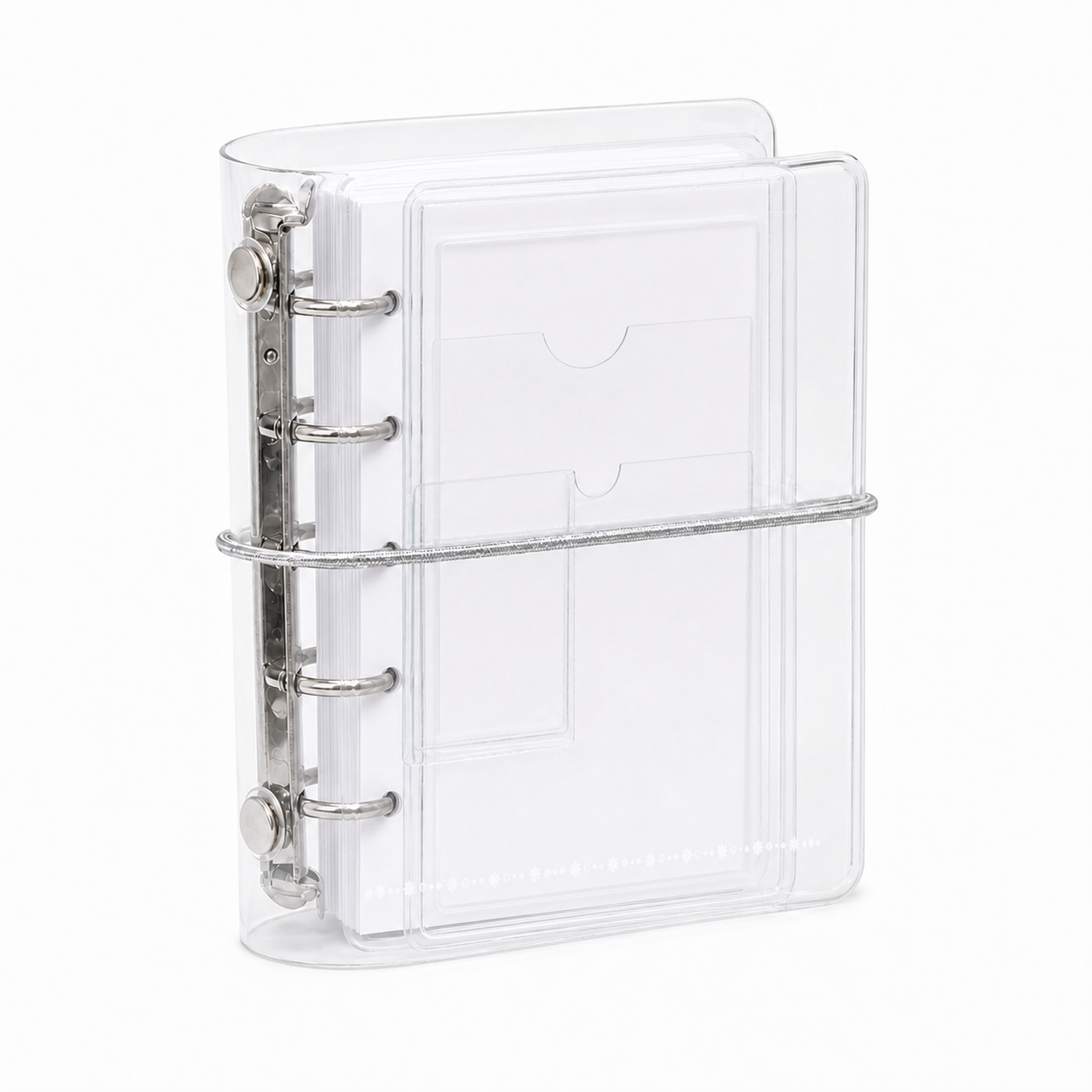 Clear M5 trifold pocket planner with 60 blank refill sheets on white background