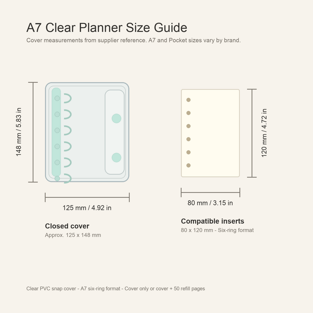 A7 clear planner cover size guide with 125 x 148 mm cover and 80 x 120 mm refill pages