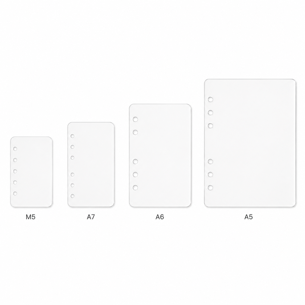 Crystal-clear PET planner dashboard size comparison showing M5, A7, A6, and A5 at relative scale
