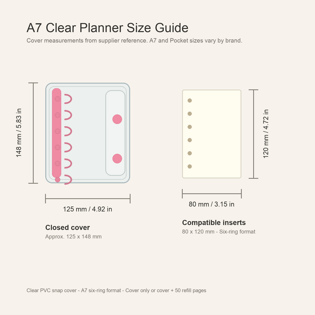 A7 clear planner cover size guide with 125 x 148 mm cover and 80 x 120 mm refill pages