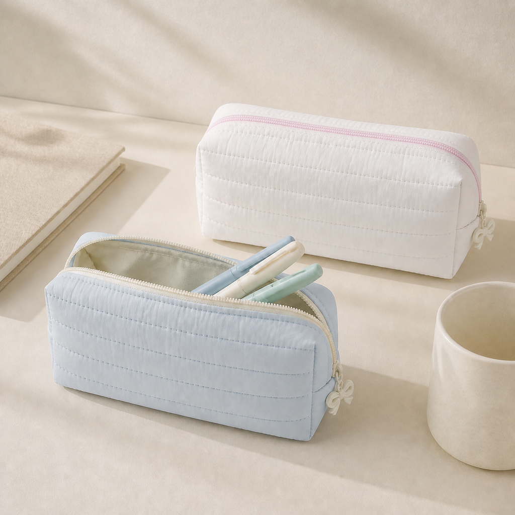 Soft Blue and off-white Cloud Puff pencil cases with pale-pink zipper styled on a neutral stationery desk