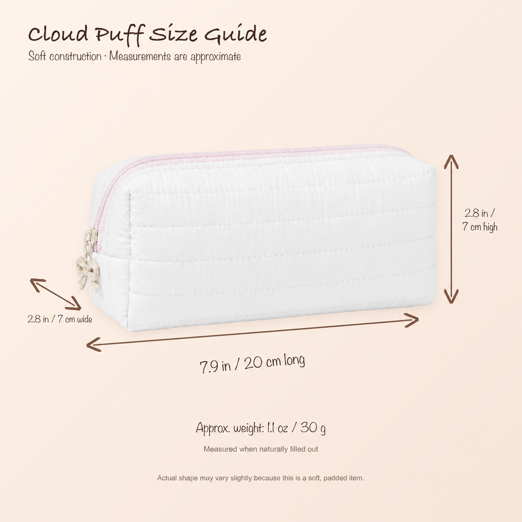 JOYJOY CLOUD PUFF SOFT PINK SIZE GUIDE — 20 by 7 by 7 centimeters and 30 gram approximate weight