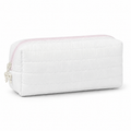 Off-white Cloud Puff quilted pencil case with soft pink zipper and ivory bow charm on a white background