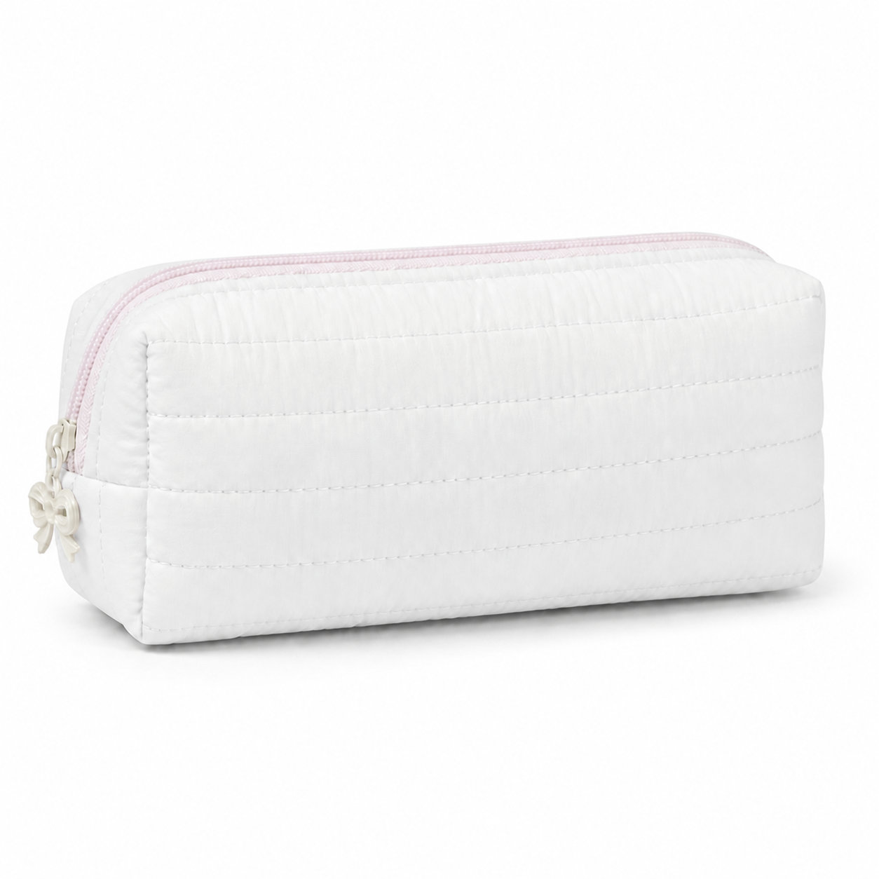 Off-white Cloud Puff quilted pencil case with soft pink zipper and ivory bow charm on a white background