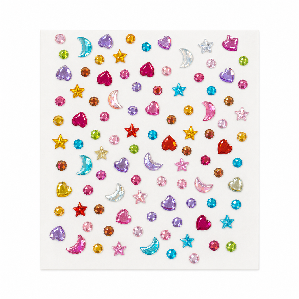 Colorful 3D gem deco sticker sheet with moons stars hearts and round gems