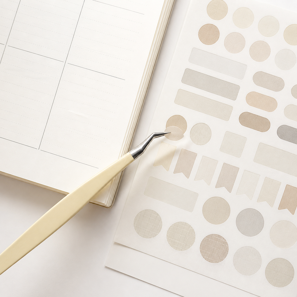 Cream angled-tip planner tweezers lifting a small neutral sticker from a sticker sheet