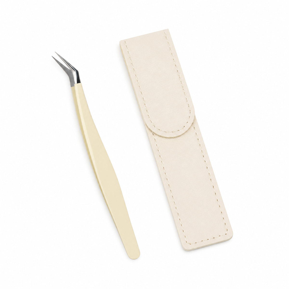 Cream angled-tip sticker tweezers with silver tip and individual ivory protective case