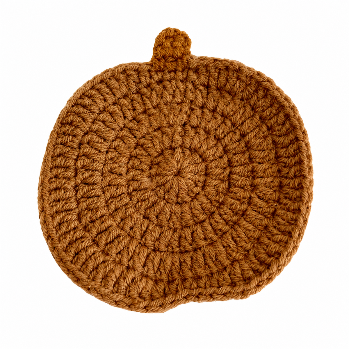 Caramel crochet pumpkin coaster on a pure white background