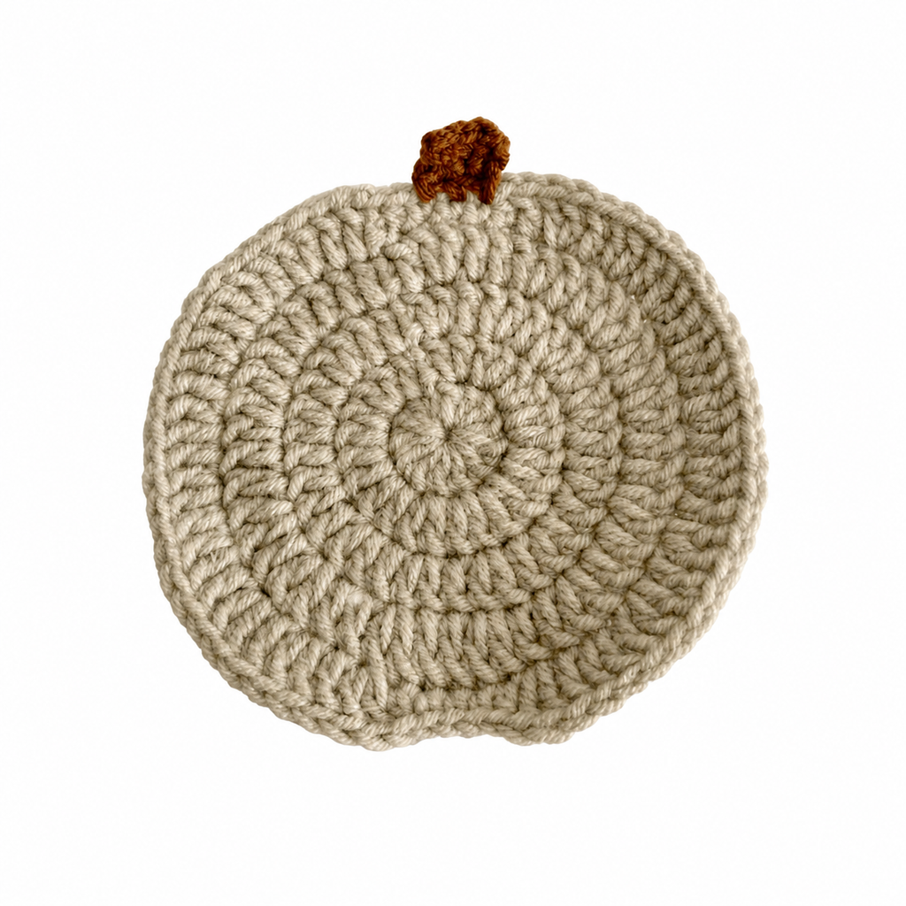 Oatmeal crochet pumpkin coaster on a pure white background