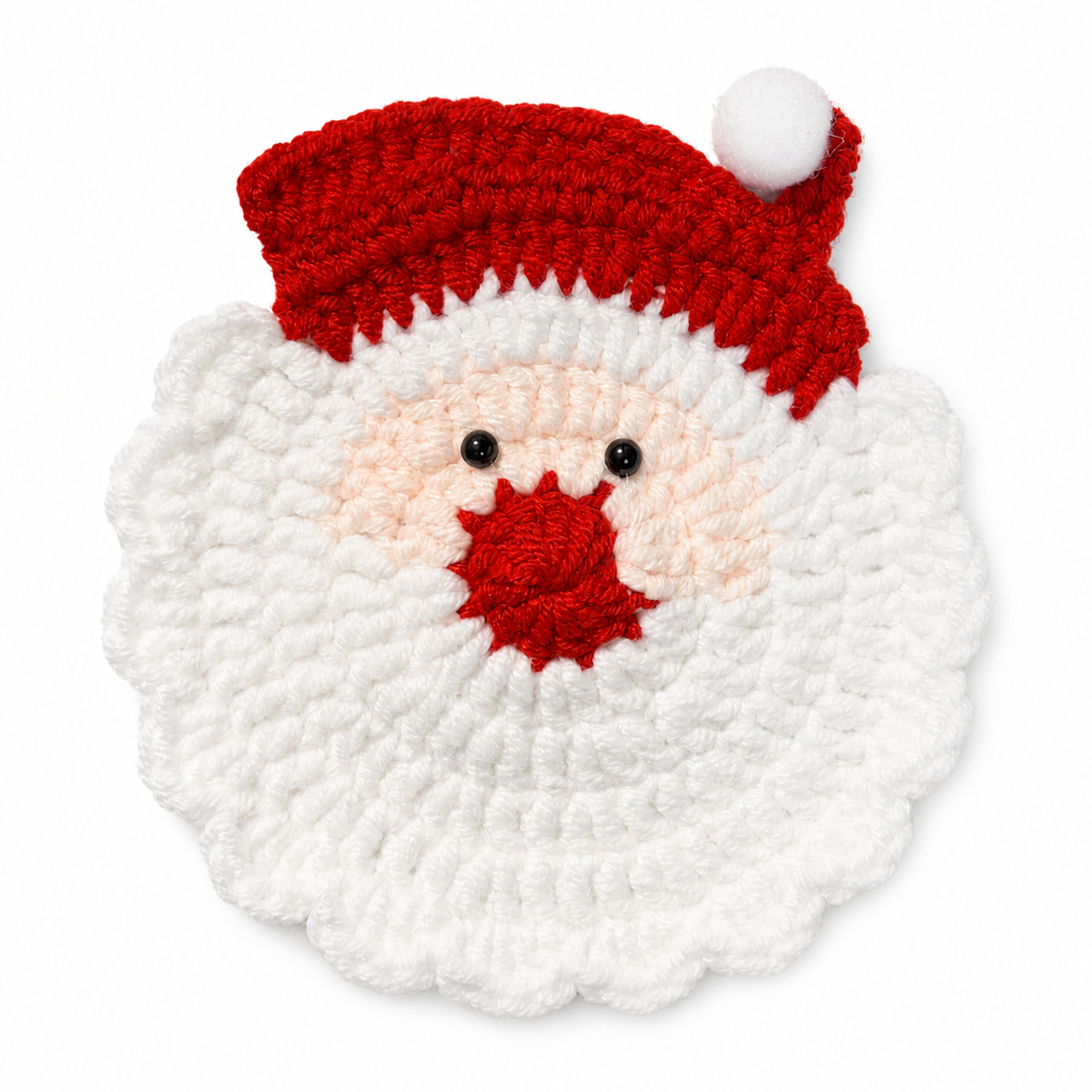 Crochet Santa Christmas coaster with red hat and white beard on a white background