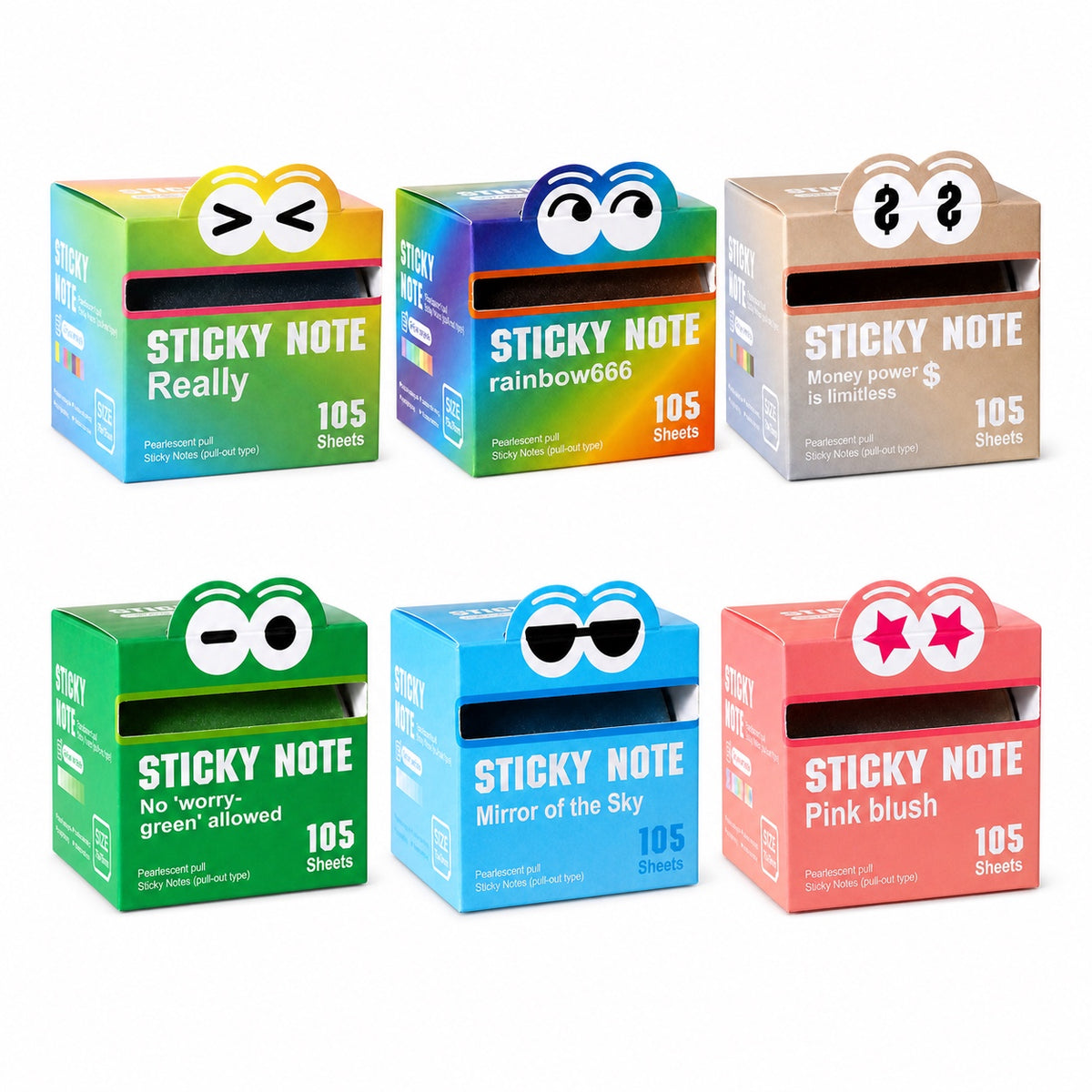 Full set of six cute pearlescent pull-out sticky notes dispensers on a white background