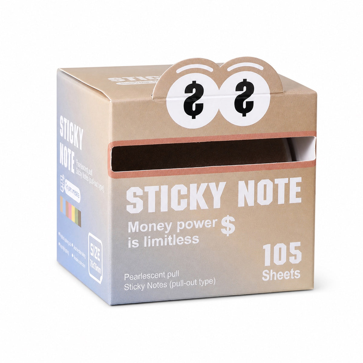 Money Power pearlescent pull-out sticky notes dispenser on a white background