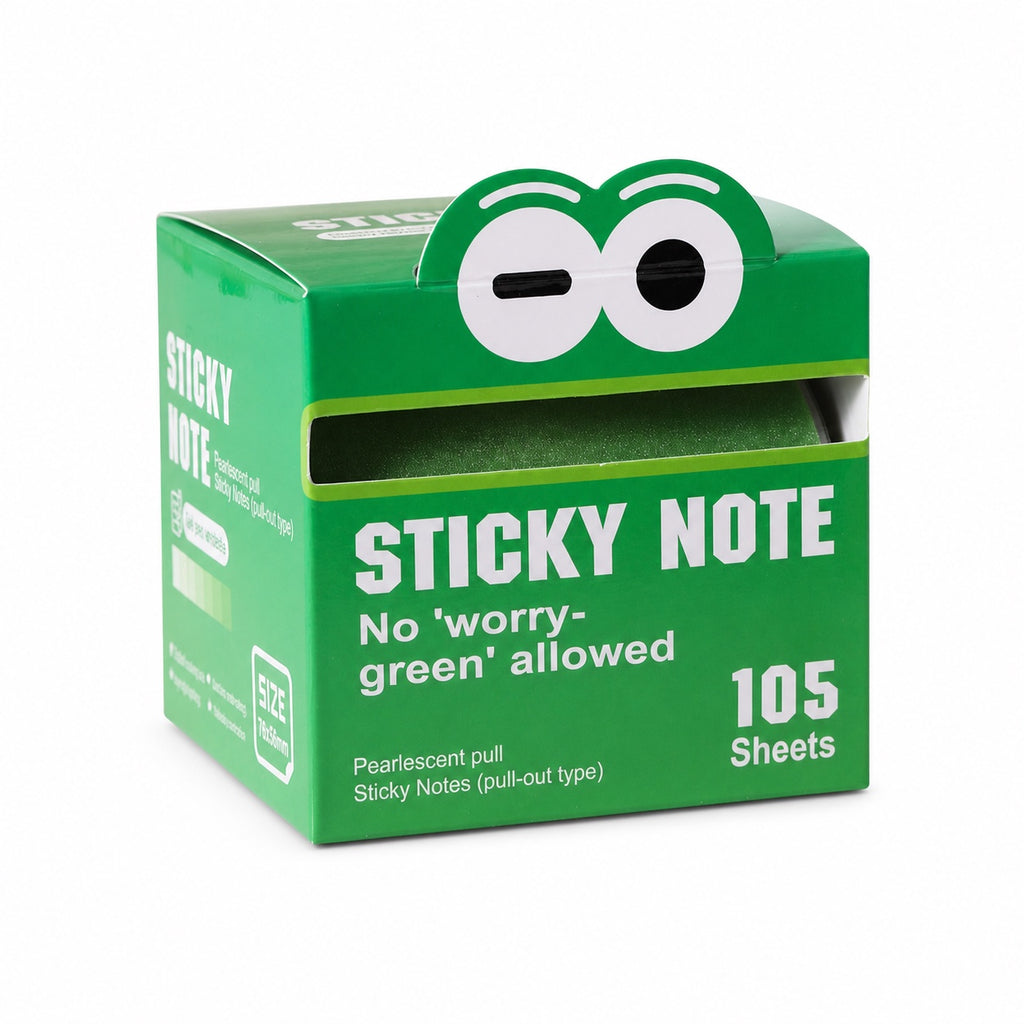 No Worries Green pearlescent pull-out sticky notes dispenser on a white background