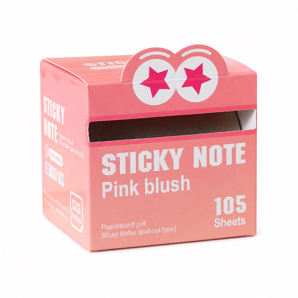 Pink Blush pearlescent pull-out sticky notes dispenser on a white background